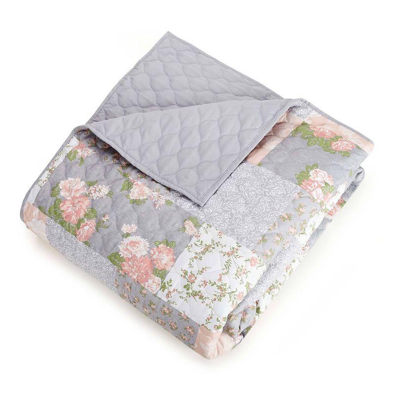 Gray Reversible Twin Microfiber Quilt Set with Floral Design