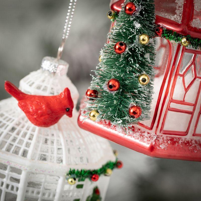 Festive Glass Birdhouse Ornaments with Red Cardinals, Set of 2