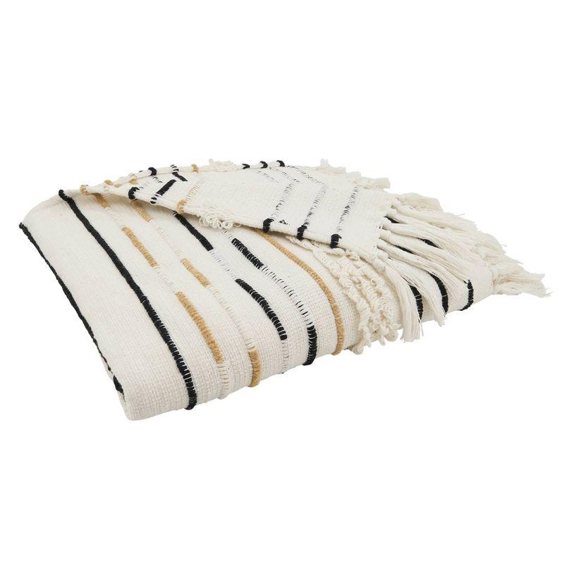 Ivory Cotton Corded Fringe Throw Blanket with Stripes