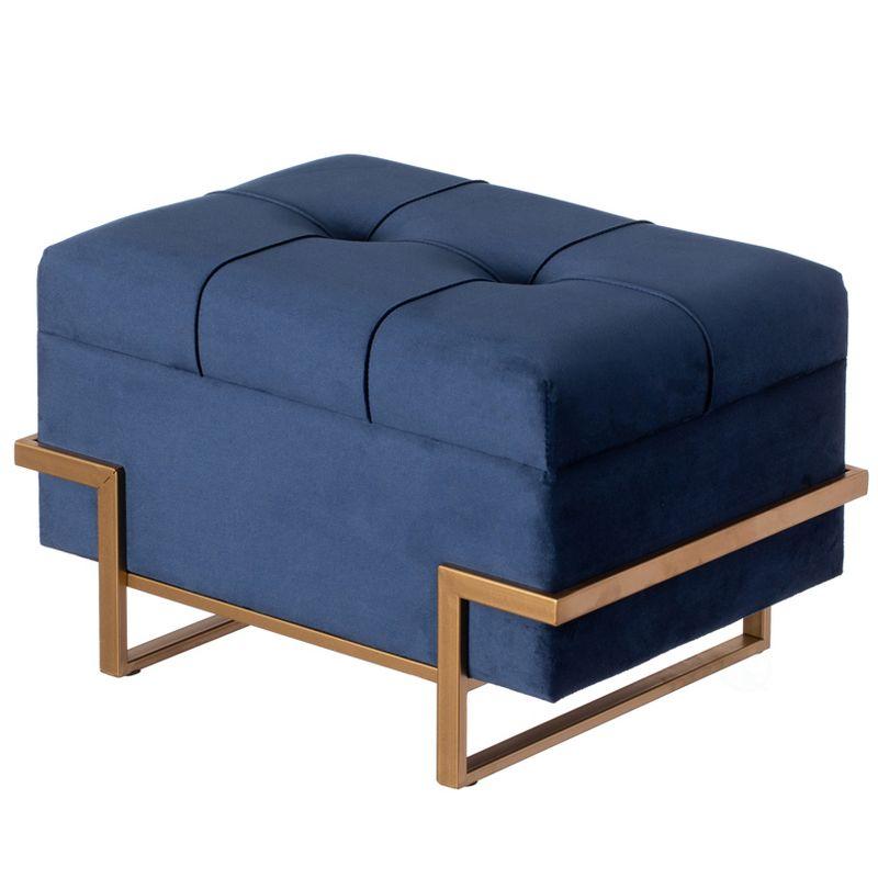 Blue Velvet Rectangular Ottoman with Golden Abstract Legs and Storage