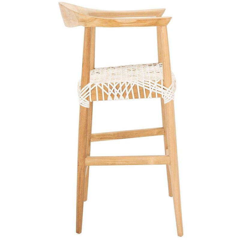 Curved Natural Teak & Woven White Leather Counter Stool