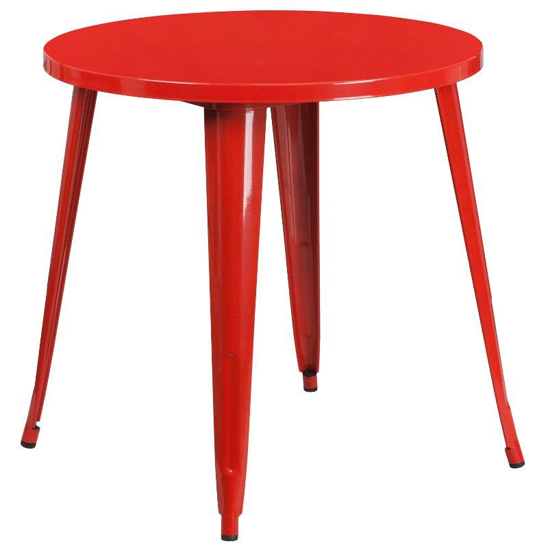 Retro-Modern 30" Round Red Metal Table & 2 Slat Back Chairs Set