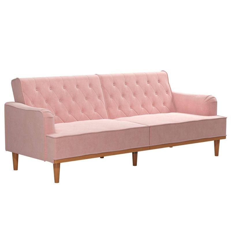 Stella Vintage Pink Velvet Convertible Sofa Bed with Wood Trim