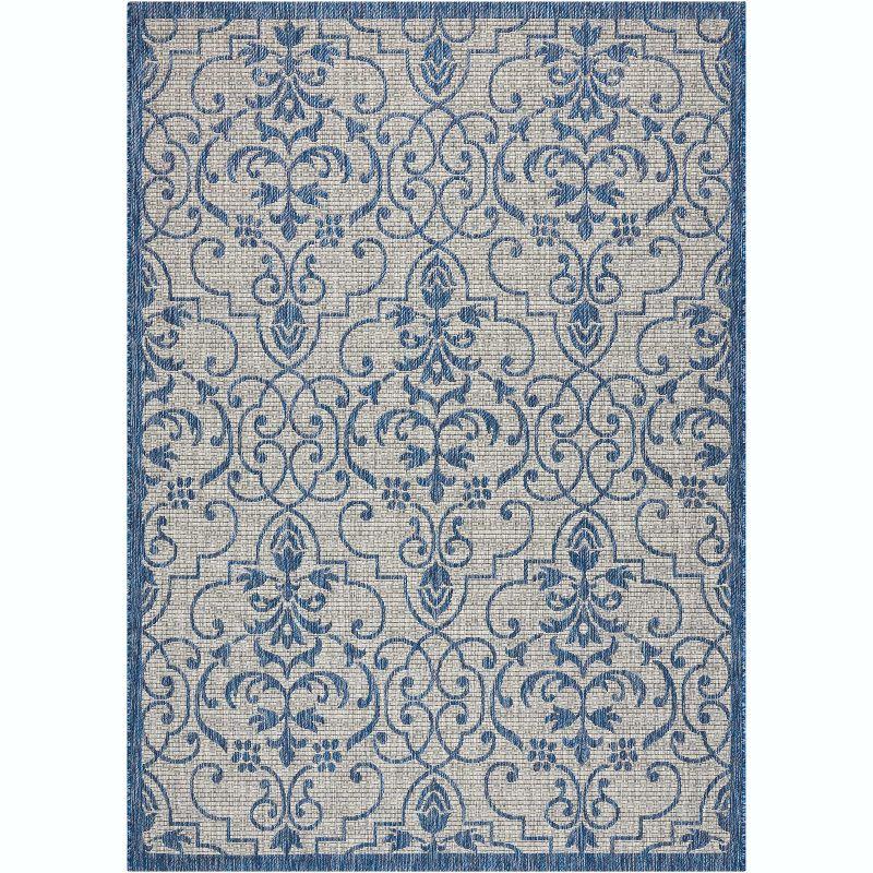 Country Side Chic Blue and Ivory Leaf Design Outdoor Rug