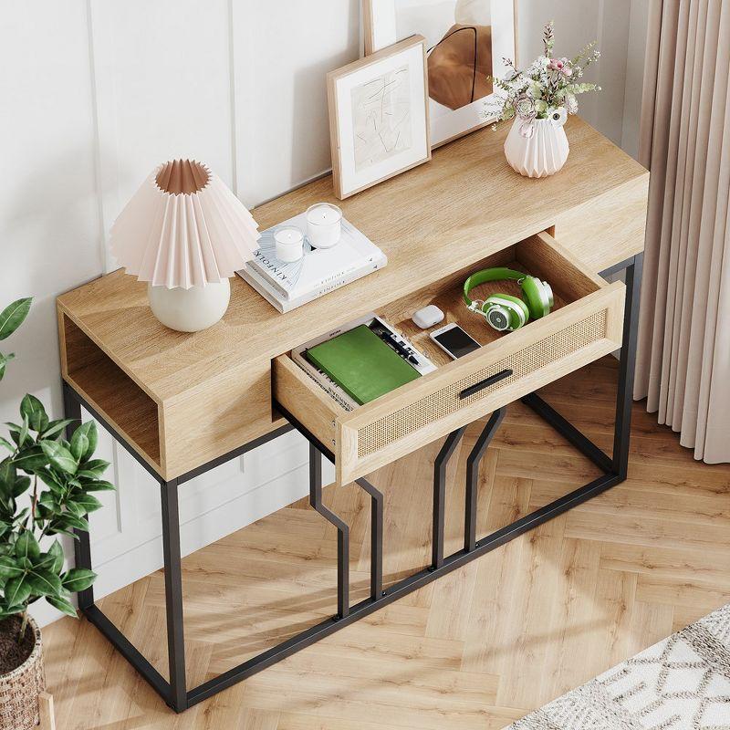 Beige and Black Rattan Console Table with Storage Drawer