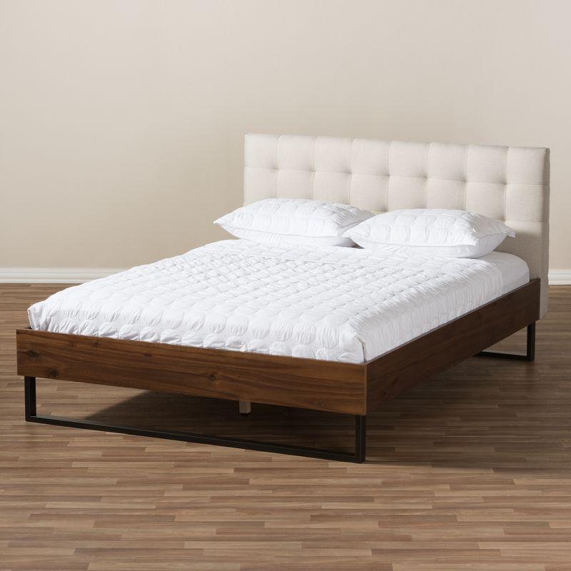 Mitchell Rustic Industrial Walnut Wood and Fabric Metal Platform Bed - Baxton Studio