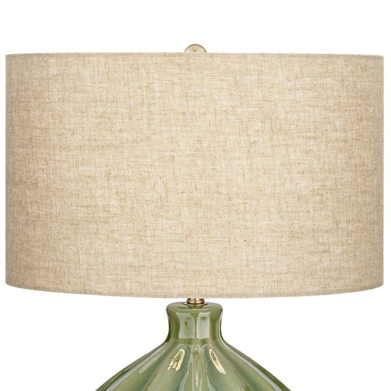 360 Lighting Gordy Modern Accent Table Lamp Handcrafted 20 1/2" High Ribbed Green Ceramic Oatmeal Fabric Drum Shade for Bedroom Living Room Bedside