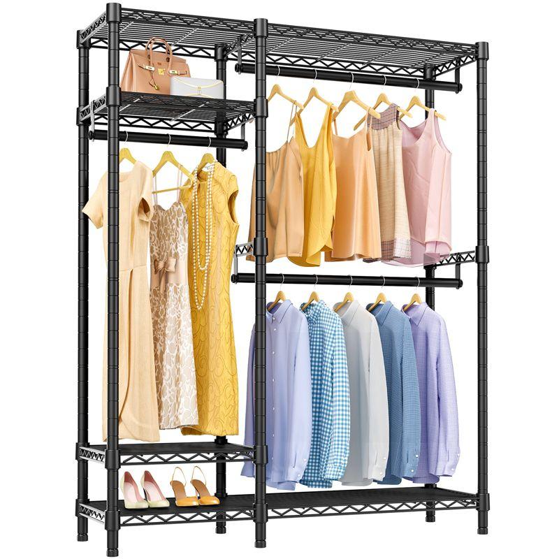 Black Heavy Duty Metal Garment Rack with Shelves and Hanging Rods