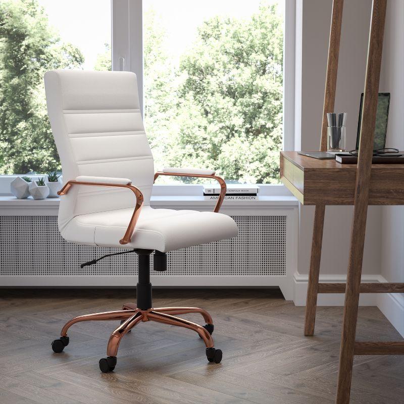 Emma and Oliver High Back White LeatherSoft Executive Swivel Office Chair - Rose Gold Frame/Arms