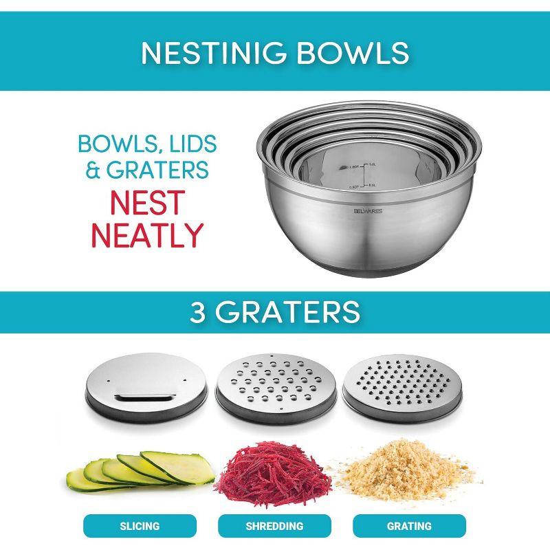 Mixing Bowls with Lids Set - Nesting Bowls with Airtight Lids + Graters - Stainless Steel Non-Slip Mixing Bowl for Baking, (Multicolor, 5-Piece Set)
