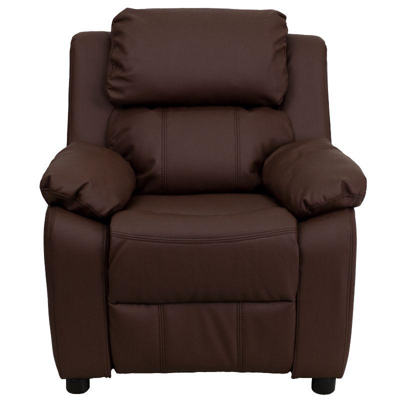 Emma and Oliver Deluxe Padded Brown LeatherSoft Kids Recliner with Storage Arms