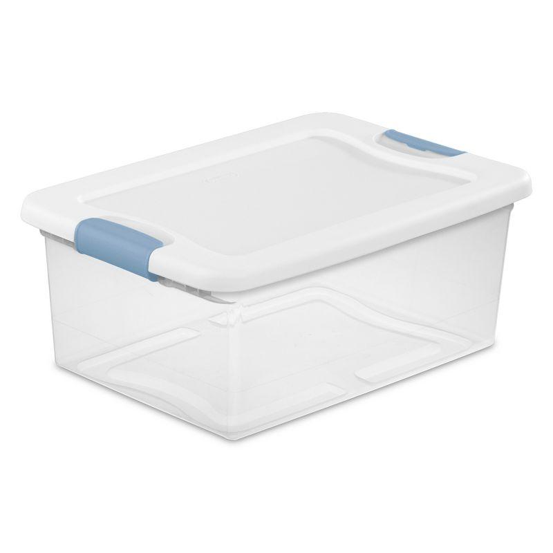 Clear Plastic Stackable Storage Box with White Lid and Blue Latches