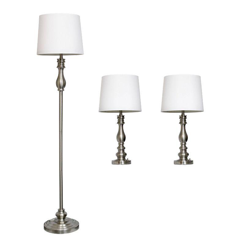 Brushed Steel and White 3-Piece Lamp Set with Empire Shades