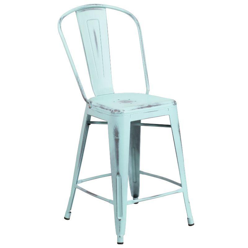 Merrick Lane 24" Metal Indoor-Outdoor Counter Stool with Vertical Slat Back and Integrated Footrest in Distressed Green-Blue