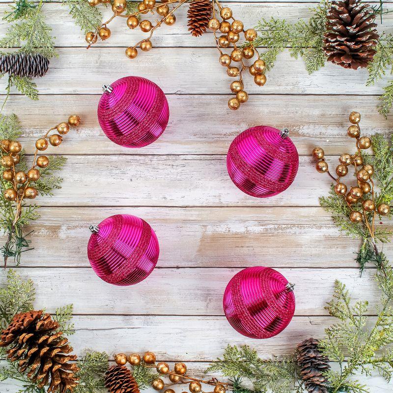 National Tree Company First Traditions Christmas Tree Ornaments, Hot Pink with Glitter Stripes, Set of 4
