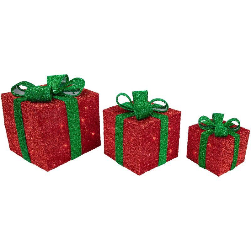 Northlight Seasonal Set of 3 Lighted Red and Green Tinsel Gift Boxes with Bows Christmas Outdoor Decorations 10"
