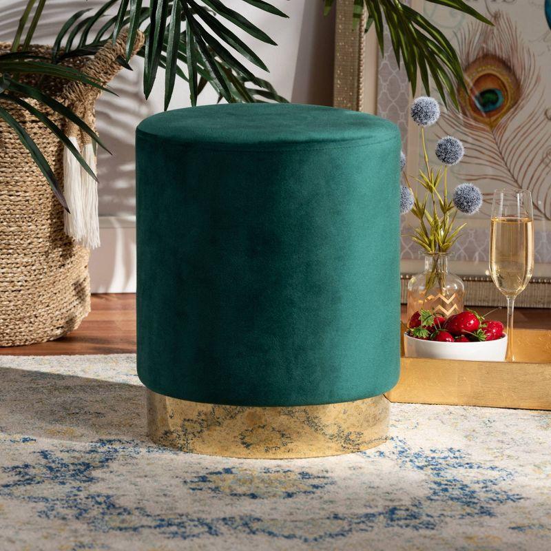 Chaela Velvet Metal Ottoman Green/Gold - Baxton Studio: Luxurious Footstool, Modern Bench Design