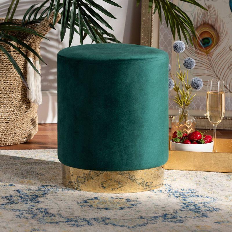 Green Velvet Round Tufted Ottoman with Gold Base