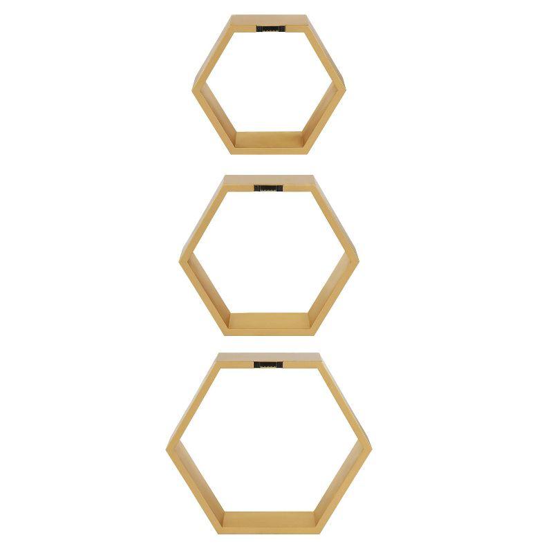 3pc Putnam Hexagon Wood Shelf Set Gold - Kate & Laurel All Things Decor: Mid-Century Modern, Wall-Mounted