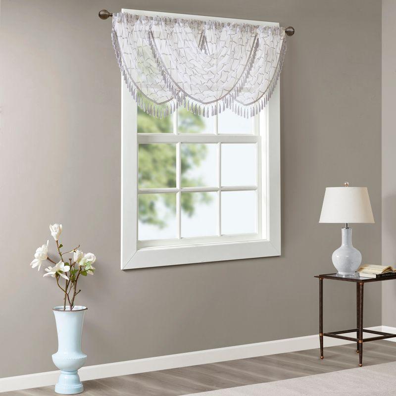 Sill Length White/Grey Embroidered Sheer Waterfall Valance