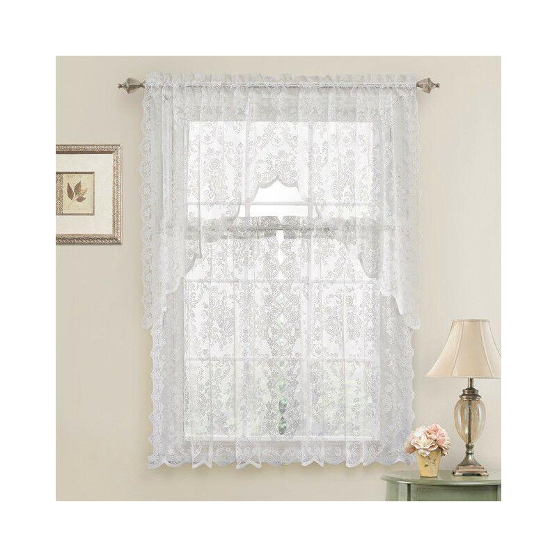Kate Aurora Shabby Living Lena Floral Lace Complete Kitchen Curtain Tier & Swag Set - 58 in. W x 36 in. L, White