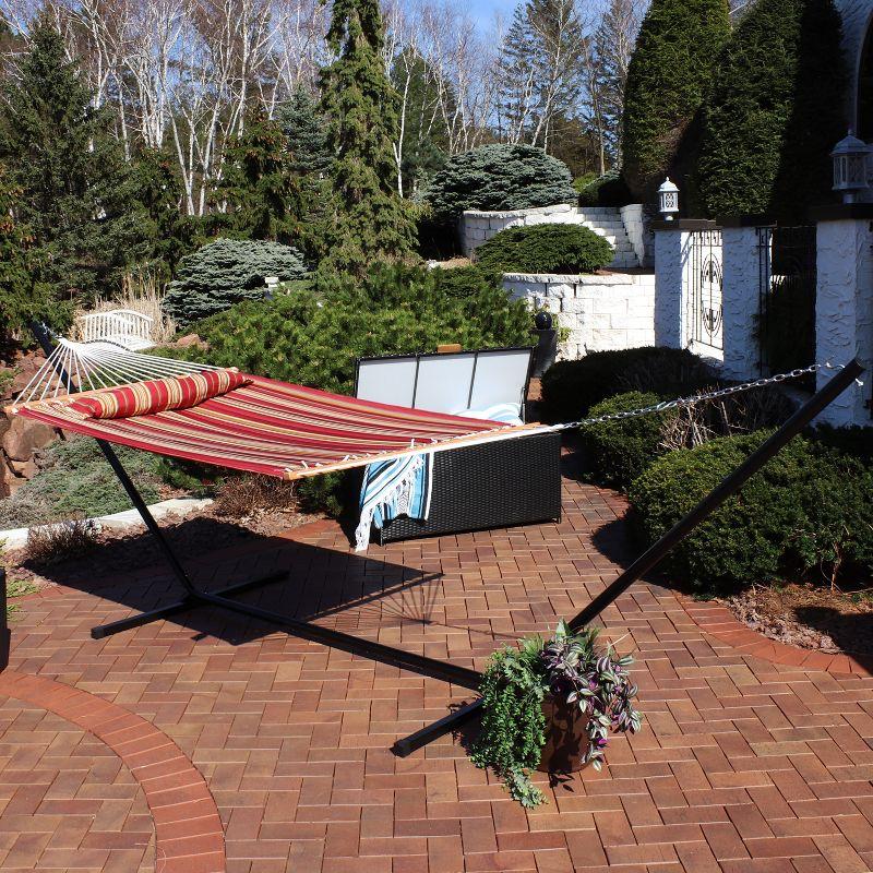 Sunnydaze 2-Person Freestanding Quilted Fabric Spreader Bar Hammock with Detachable Pillow and Stand - 400 lb Weight Capacity/15' Stand - Red Stripe