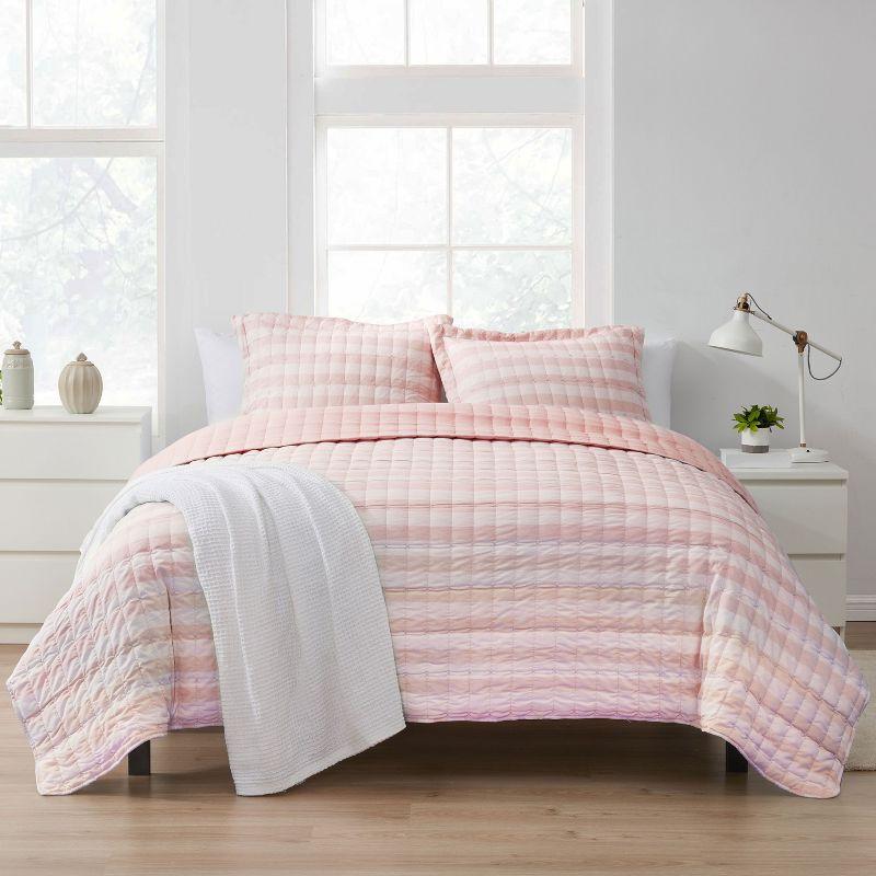 Quilt Sets Prewashed Checkered Plaid Embroidered Vintage Soft and Luxurious Bedding with Pillow Shams, Queen, Coral/Pink