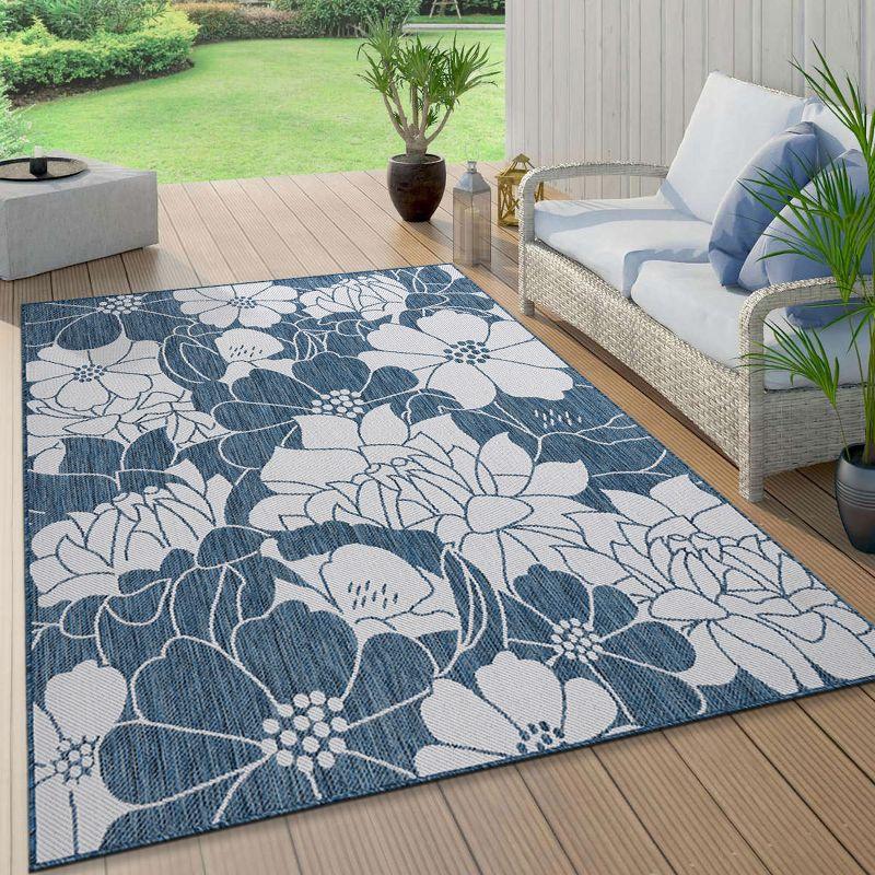 World Rug Gallery Modern Floral Flowers Textured Flat Weave Indoor/Outdoor Area Rug - NAVY 5' X 7'
