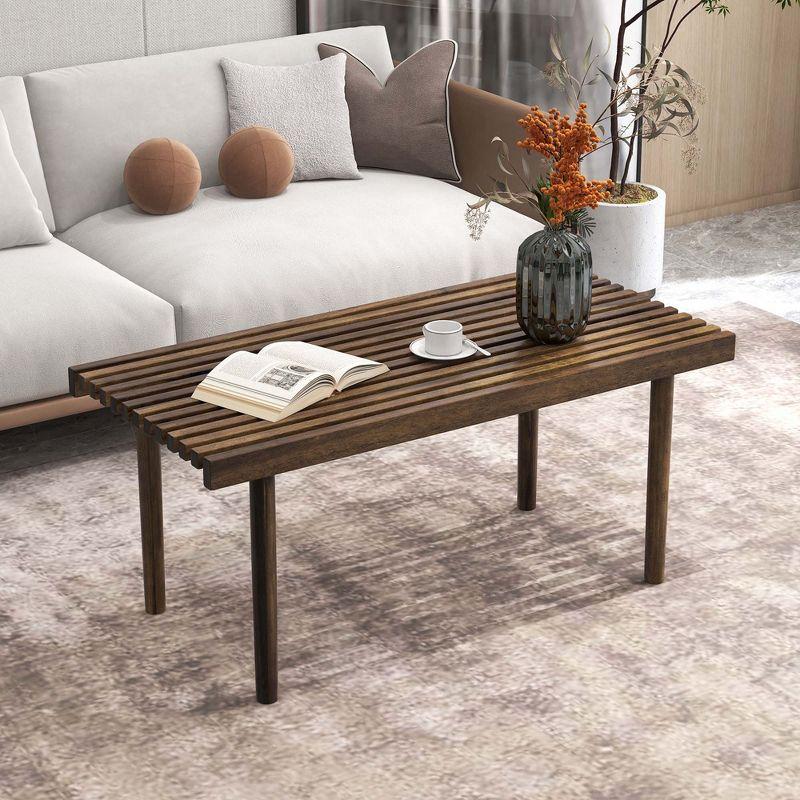 Costway 39" Coffee Table Rubber Wood Rectangle Cocktail Tea Table Slatted Tabletop Brown