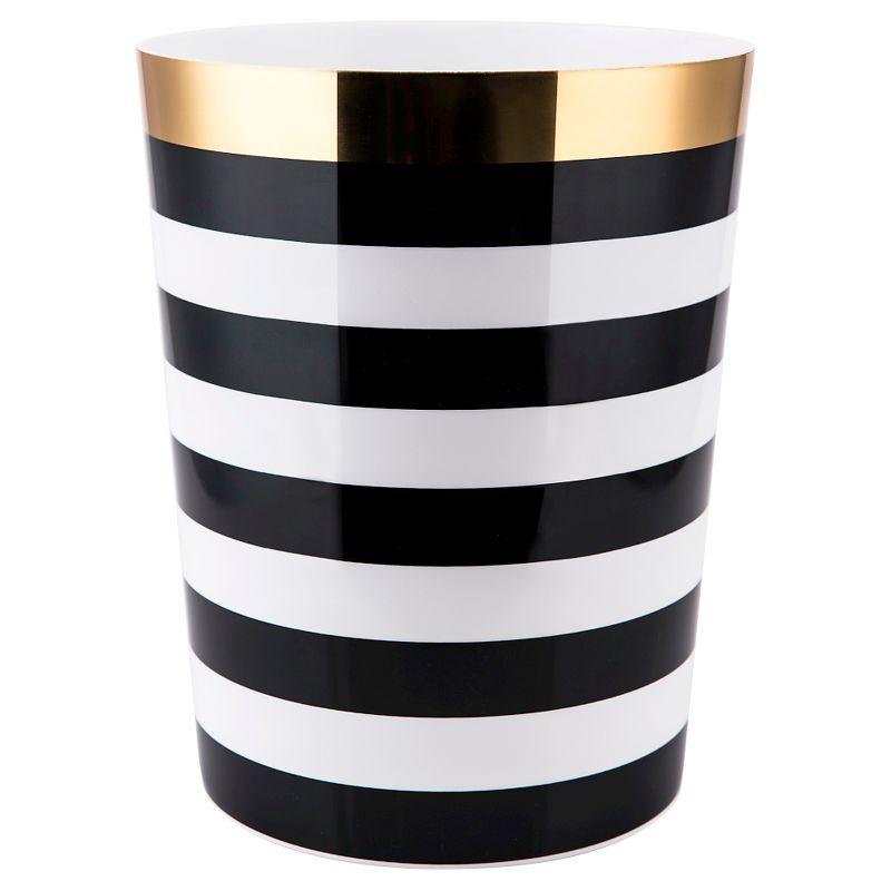 Derby Black and White Striped Plastic Wastebasket with Gold Accent