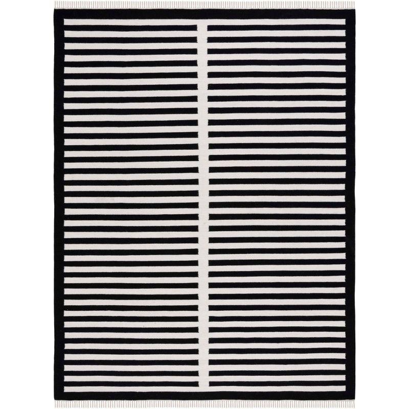 Black and Ivory Striped Wool 5' x 8' Flat Weave Rug