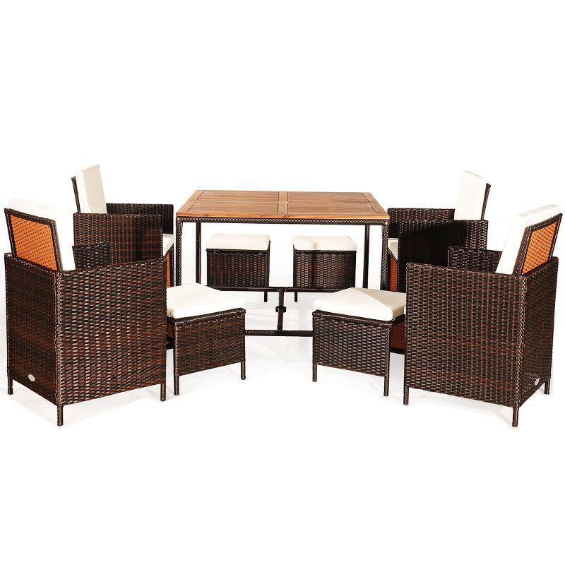 9-Piece White Cushioned Rattan Outdoor Dining Set with Wood Table