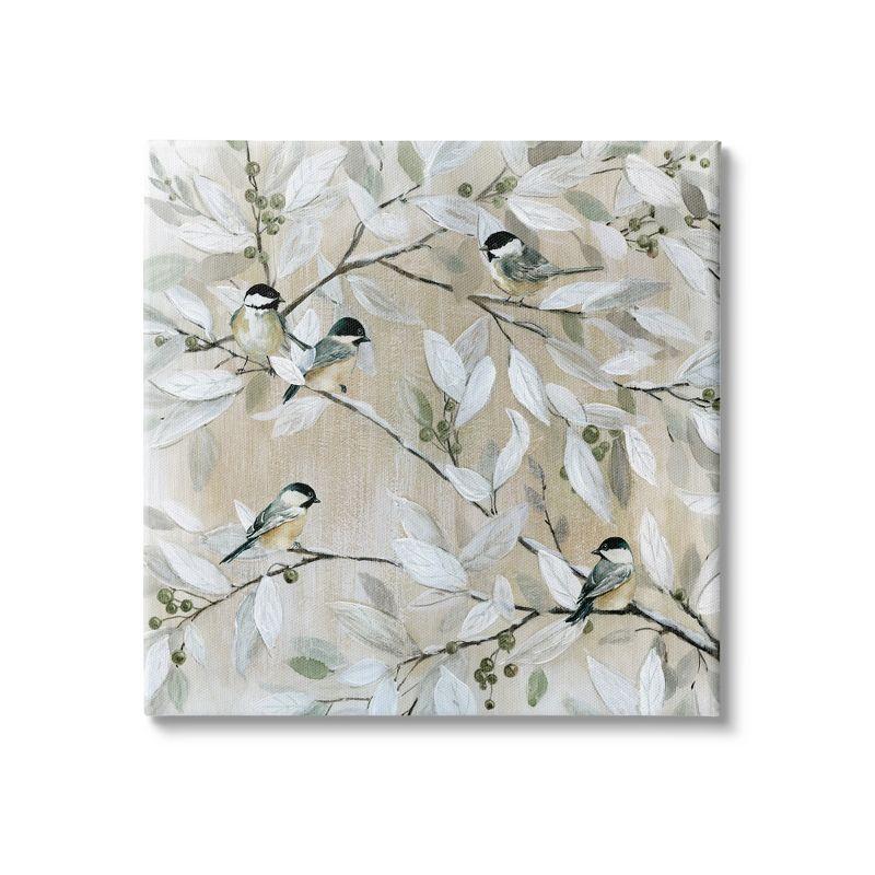 Chickadee Birds on Branches Beige and White Canvas Wall Art