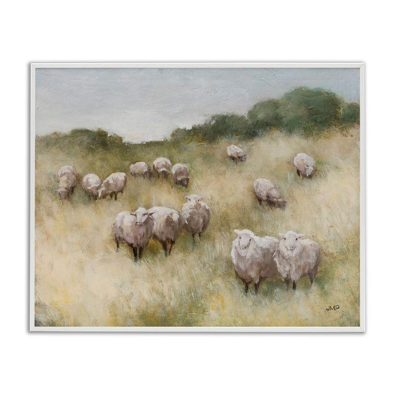 Sheep Herd in Rural Grassland Canvas Print with White Frame