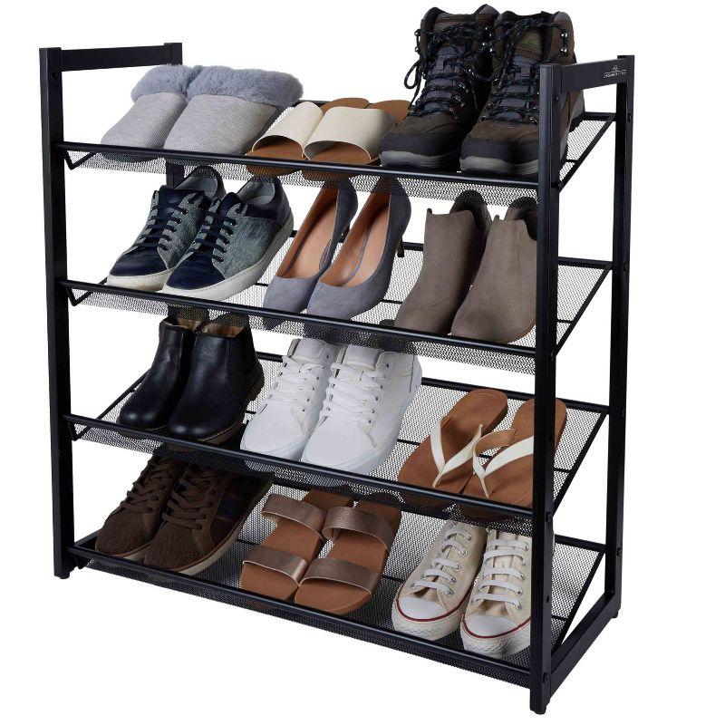 Organize It All 4 Tier Shoe Rack Organizer with Mesh Black: Iron Frame, Holds 16 Pairs, Freestanding, 29.8" Depth