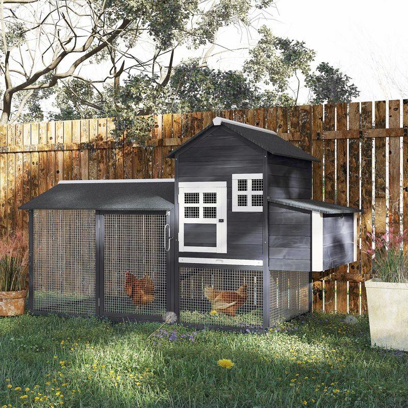 Gray Wooden Chicken Coop with Nesting Box and Run