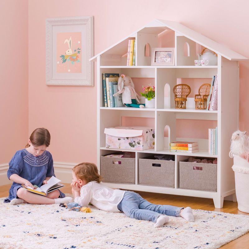 Creamy White Wooden Kids Dollhouse Bookcase with Storage Bins