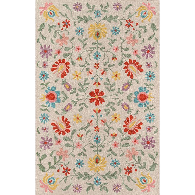 3'9"x5'9" Newport Area Rug Ivory - Momeni: Wool, Floral Bohemian, Low Pile, Handmade, Indoor Use, Vacuum Recommended