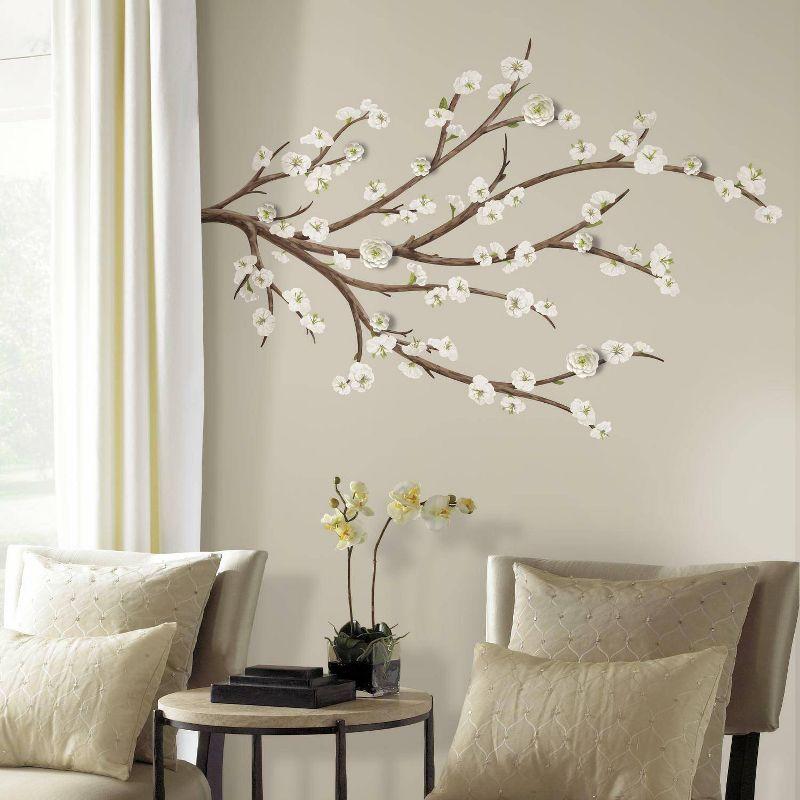 Elegant White Blossom Branch 31-Piece Wall Decal Set with 3D Flowers