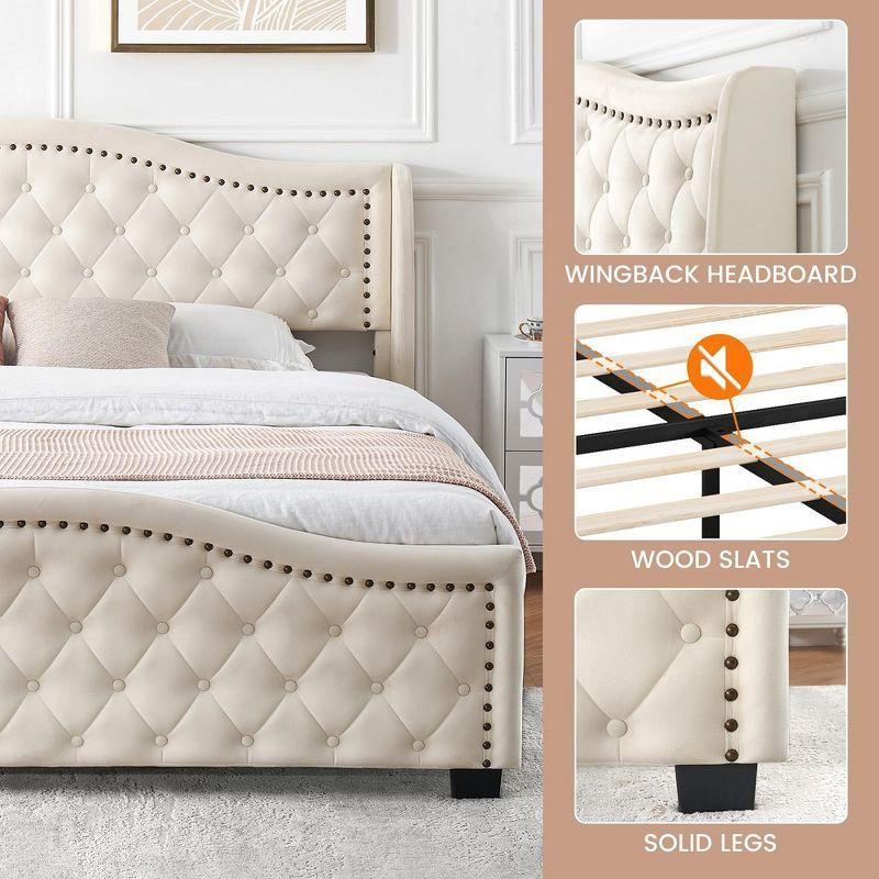 Queen King Bed Frame, Upholstered Platform Bed with Wingback Tall Headboard and Button Tufted Design, Wood Slat Support, No Box Spring Needed, Beige