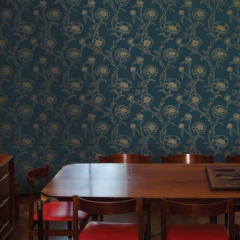 Tempaper & Co.® Peonies Removable Peel and Stick Wallpaper, Peacock Blue and Metallic Gold Floral, 28 sq. ft.: Vinyl Self-Adhesive