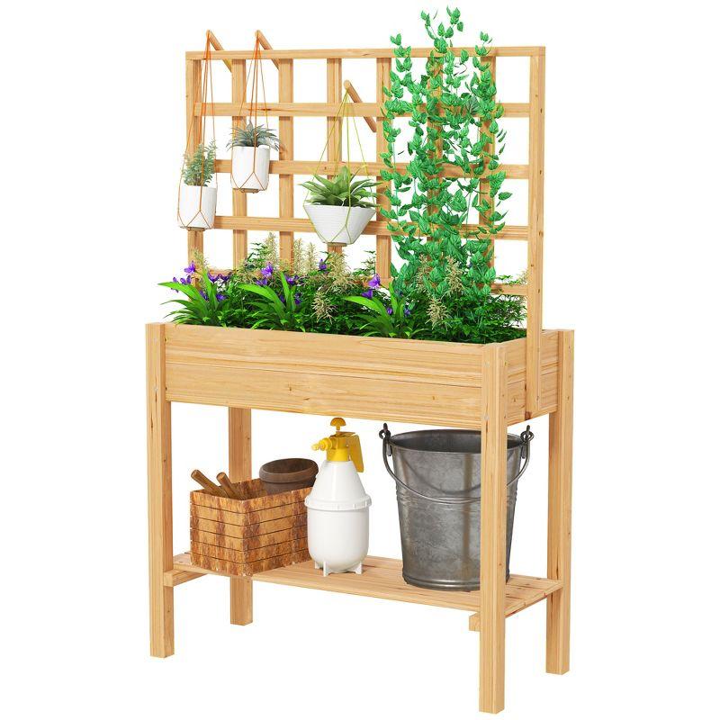 Outsunny Wooden Raised Planter Box with Trellis, Raised Flower Bed with Storage Shelf, Outdoor Garden Planter for Vegetables, Flowers, Herbs