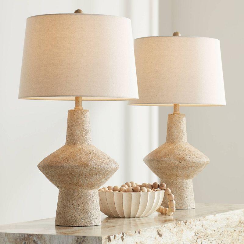 Set of 2 Beige Geometric Coastal Table Lamps with Off-White Shades