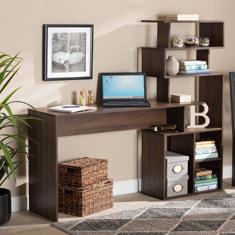 Foster Walnut Brown Modern Storage Desk with Artistic Shelves