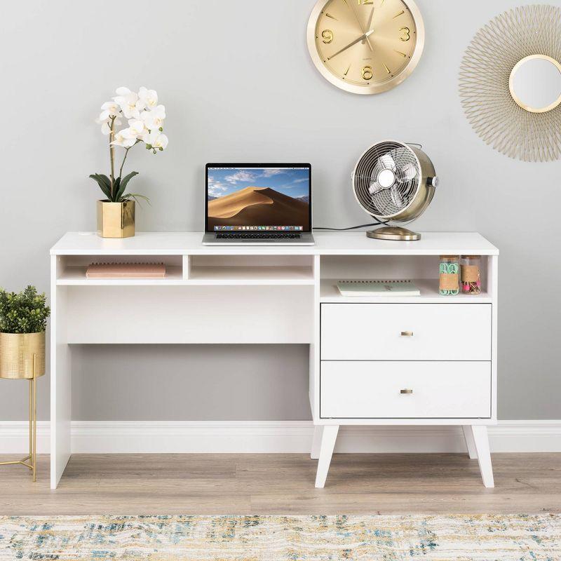 Milo Computer Desk with Side Storage and 2 Drawers White - Prepac: Mid-Century Modern, Wire Management