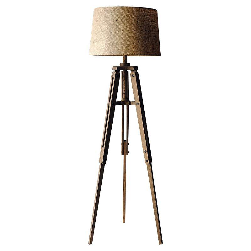 Mariner Tripod Style Wood Floor Lamp with Burlap Drum Shade Rust - Storied Home: Adjustable Height, 3-Way Switch