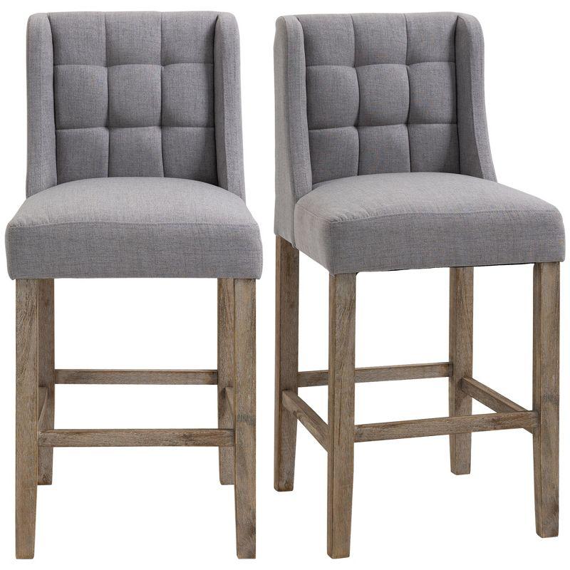 HOMCOM Counter Height Bar Stools, Tufted Upholstered Barstools, Pub Chairs with Back, Rubber Wood Legs for Kitchen, Dinning Room, Set of 2, Gray