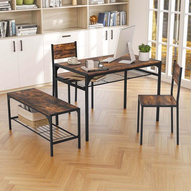 Costway Dining Table Set for 4 Rectangular Table with 2 Chairs, 1 Bench, Storage Racks Rustic Brown/Grey