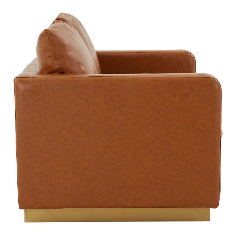 LeisureMod Nervo Mid-Century Modern Upholstered Faux Leather Loveseat with Gold Frame in Cognac Tan