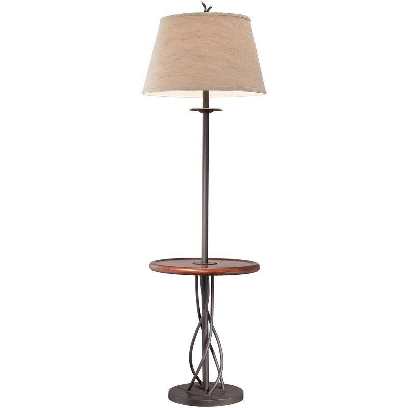 Franklin Iron Works Rustic Floor Lamp with Table 63.5" Tall Wood Twisted Iron Base Linen Empire Shade for Living Room Reading Bedroom